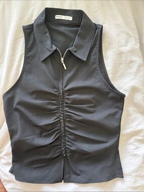 Bershka Black Collared Sleeveless Zip-Front Ruched Camisole